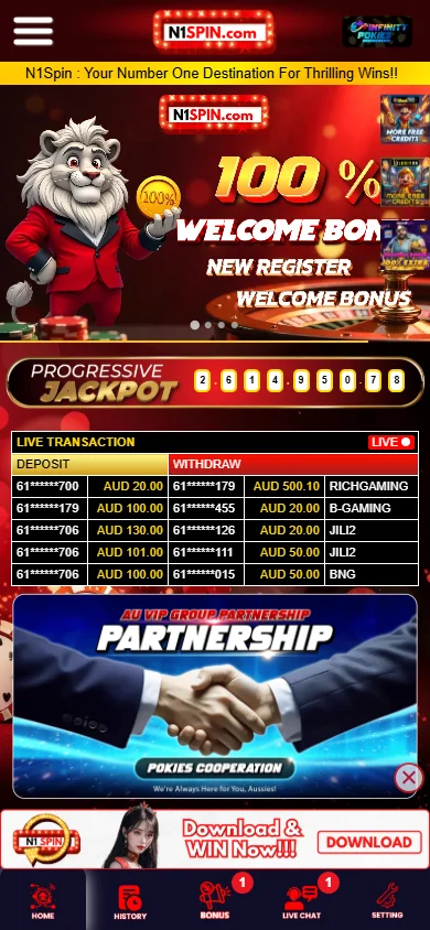 N1spin Casino home page on a mobile device