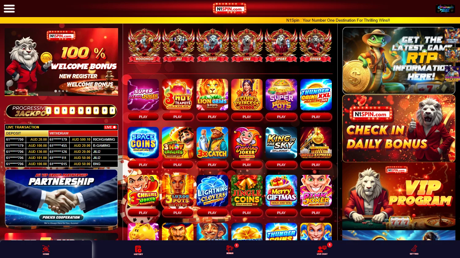 N1spin Casino home page on desktop