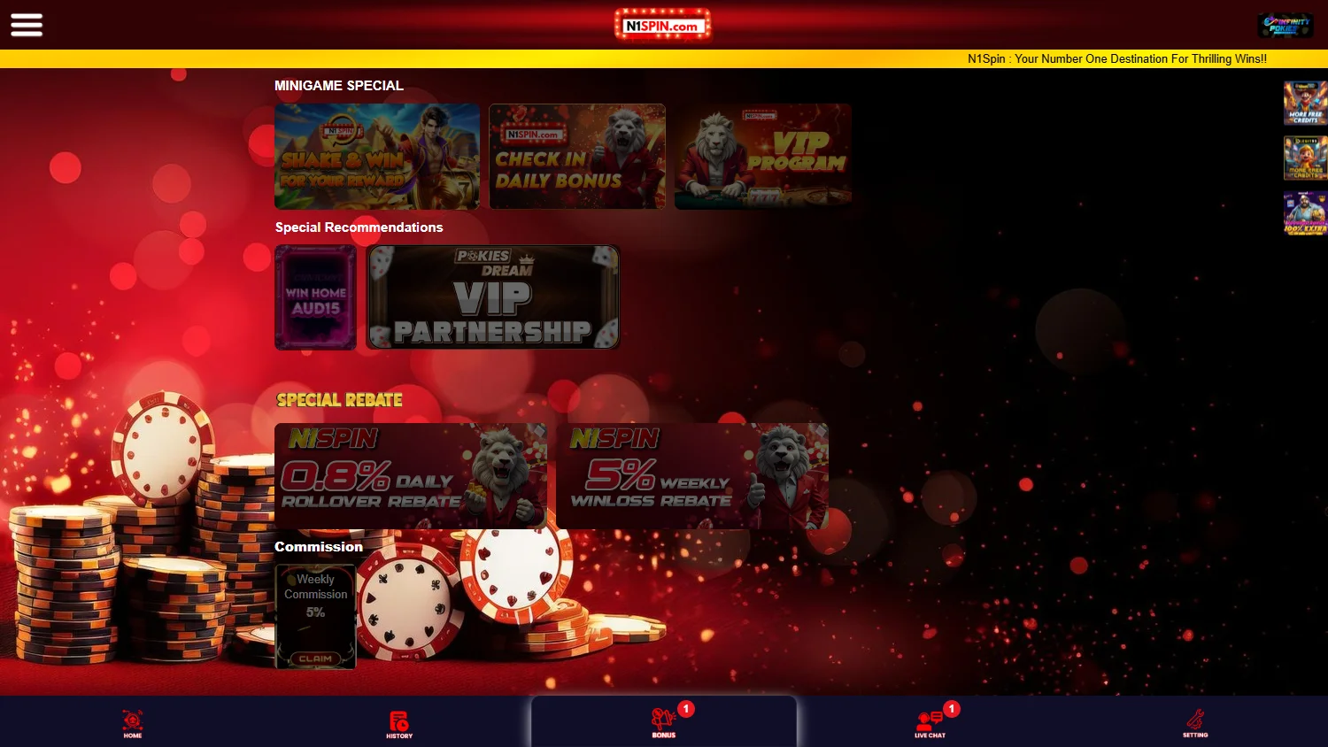 N1spin Casino promotions page on desktop